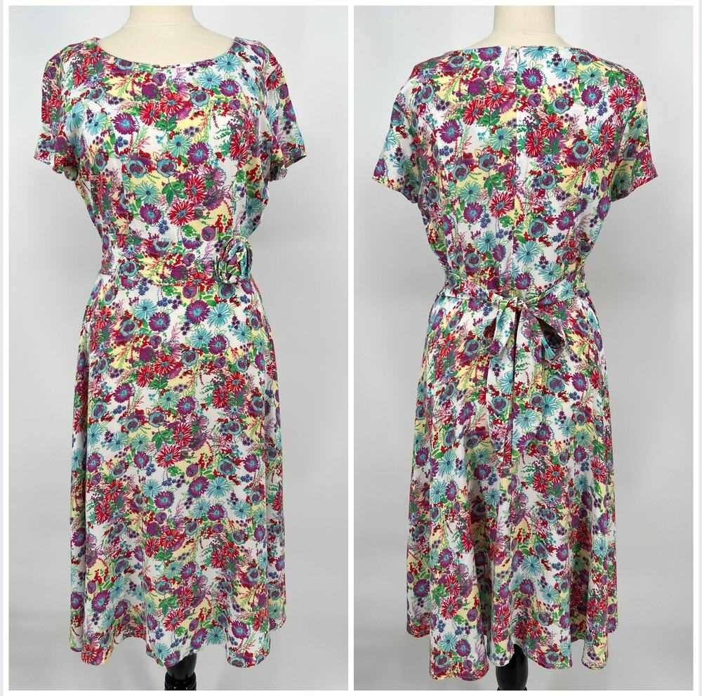 Vtg Jody California A Line Midi Dress Modern Sz M Colorful Floral 3D Rosette USA
